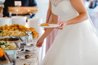 bride at the buffet line